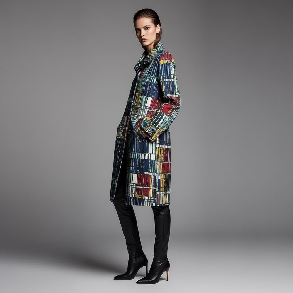 Womens Multicolor Plaid Long Coat